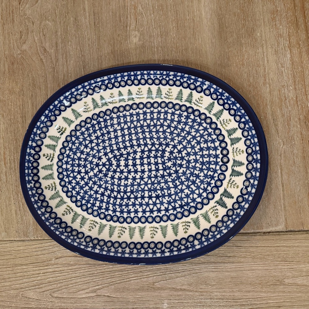 🌱Boleslawiec VTG Polish Pottery 14” Christmas Evergreen Smowflake Cobalt Platter